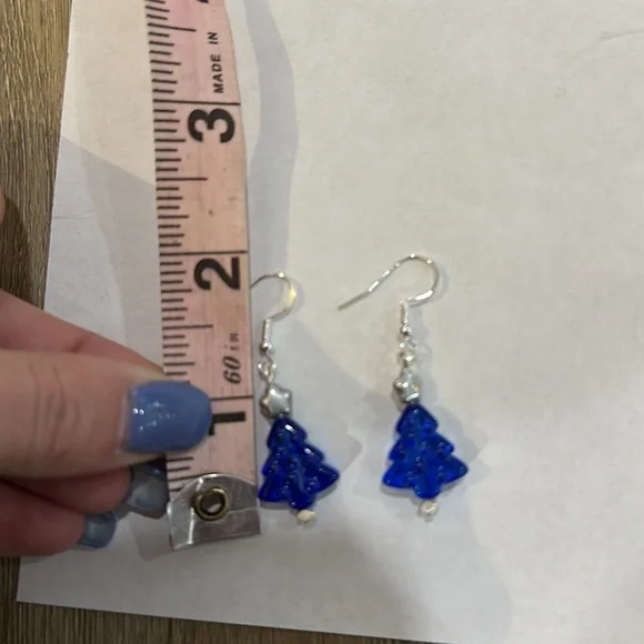 New handcrafted blue and silver christmas tree earrings. Dangly. About 2 in - Picture 2 of 2